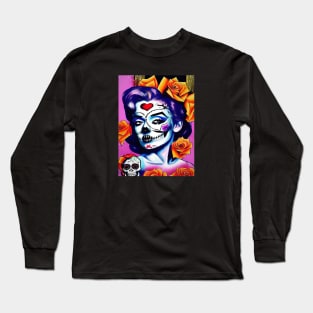 Retro sugar skull girl with orange roses Long Sleeve T-Shirt